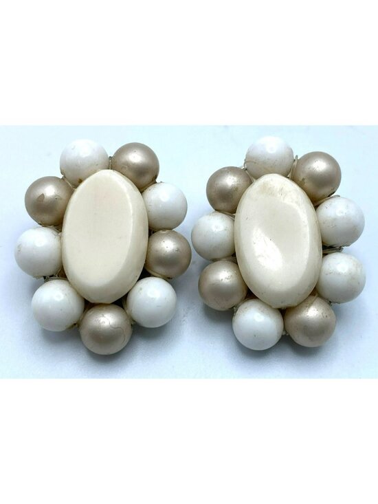 Jewelry - Clip On Earrings MCM White Beaded Faux Pearl West Germany 1950's 50's MARKED!